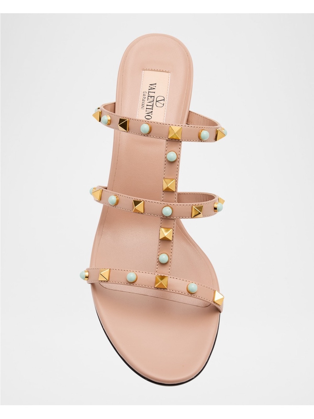 Valentino Garavani Pink Leather Rockstud Triple-Strap Slide with Mint Studs